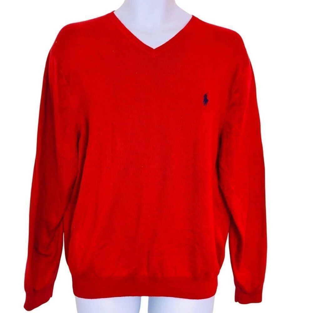 Polo Ralph Lauren Mens L Sweater Red V Neck Long Sleeve Pima Cotton